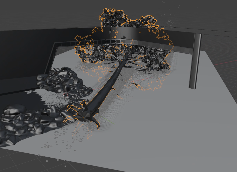 Simulación de destrucción de un árbol y un decorado hecha en Blender
